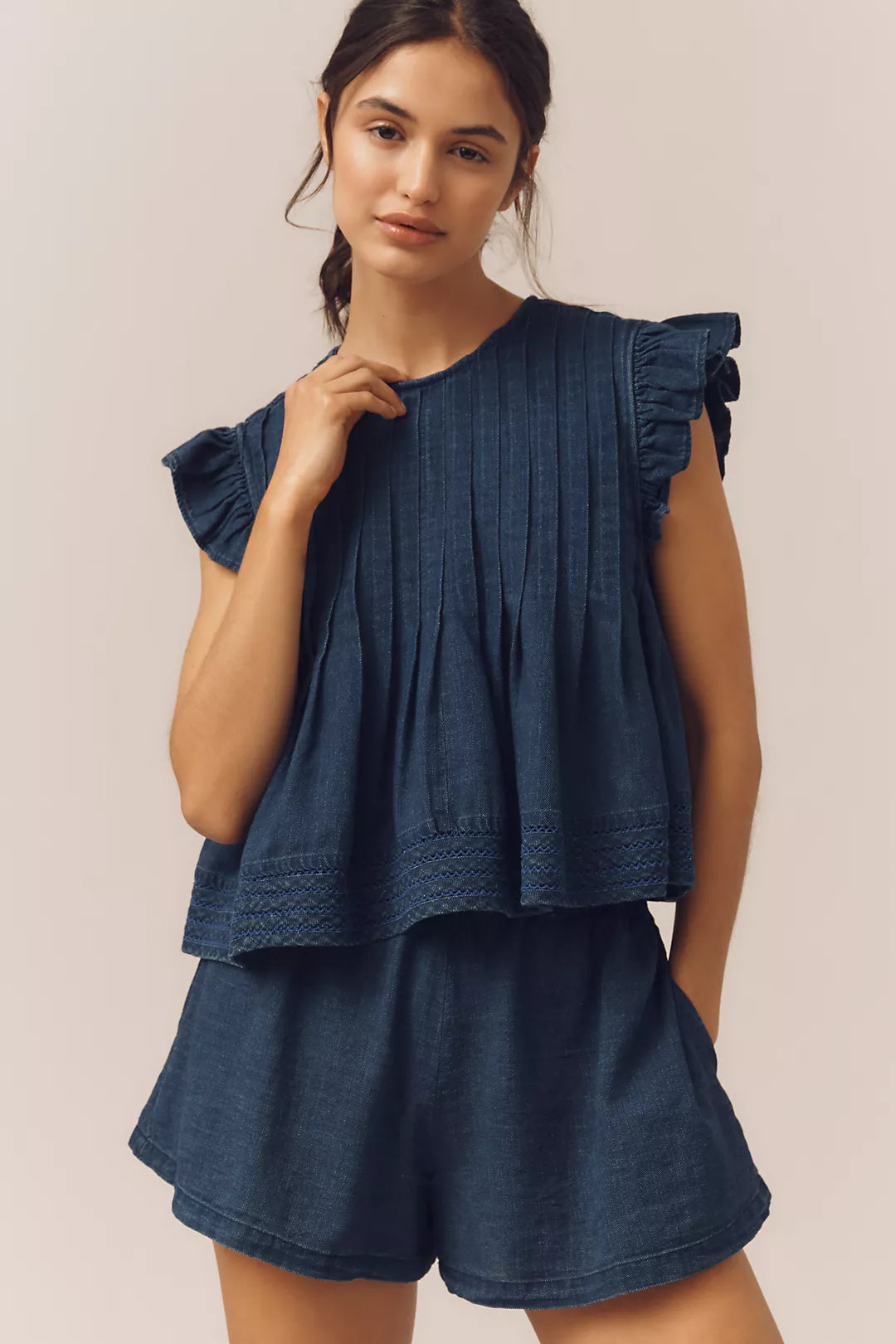 Denim Ruffled Top and Shorts Set