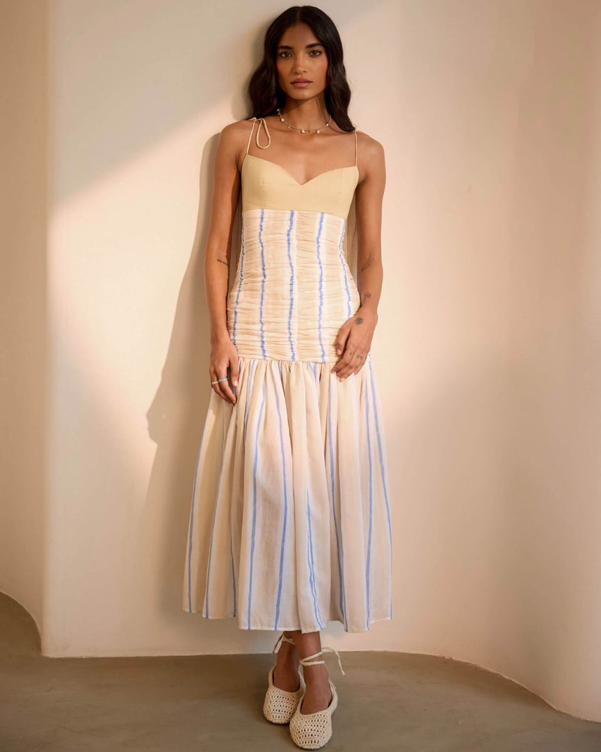 Beige and Blue Striped Midi Dress