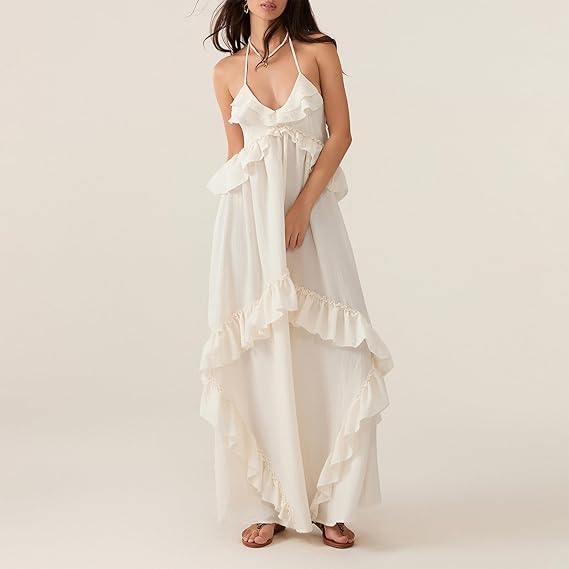 White Halter - neck Tiered Ruffle Maxi Dress