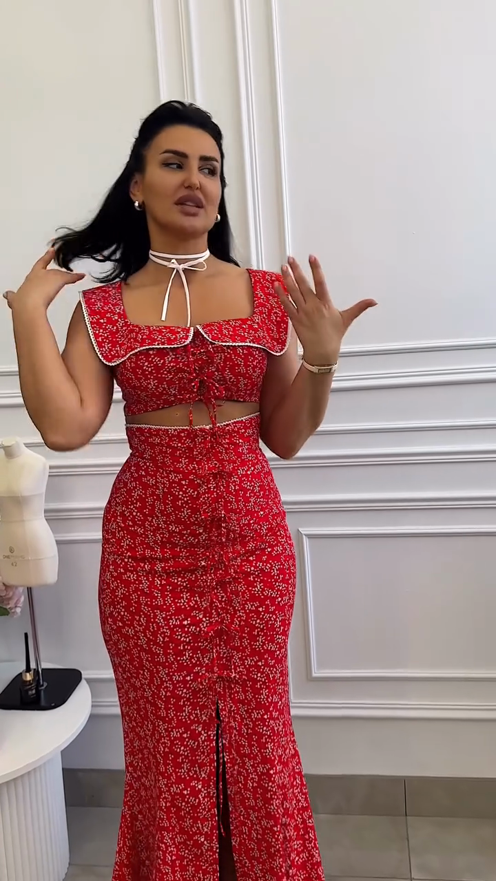 Red Ditsy Print Crop Top and Mermaid Skirt Set