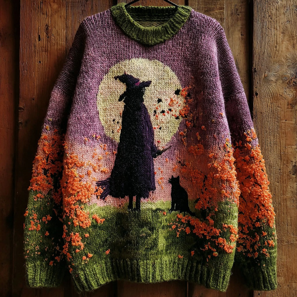 Halloween Witch And Black Cat Pattern Knitted Warm Sweater