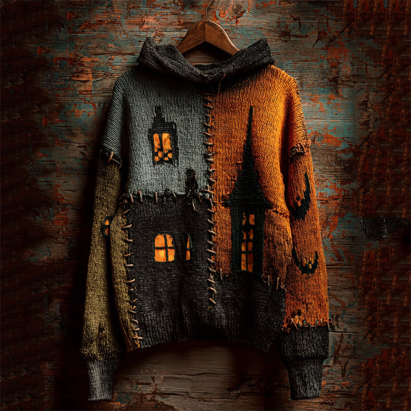 Halloween Spooky Castle Colorblock Stitched Cozy Knit Hooded Sweater