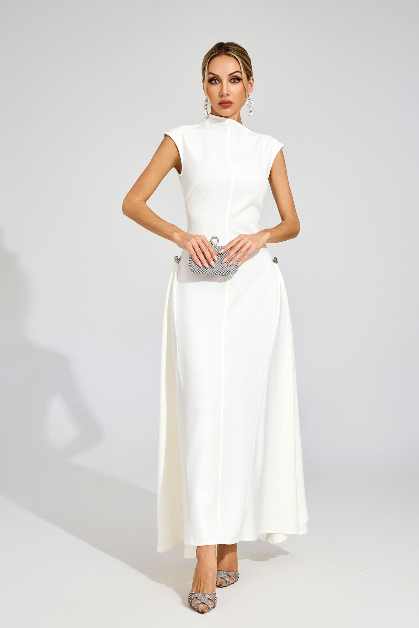 White High - Neck Maxi Dress with Side Details