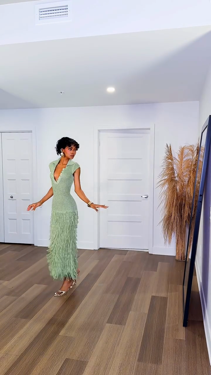 Green Crochet Fringe - Hem Maxi Dress