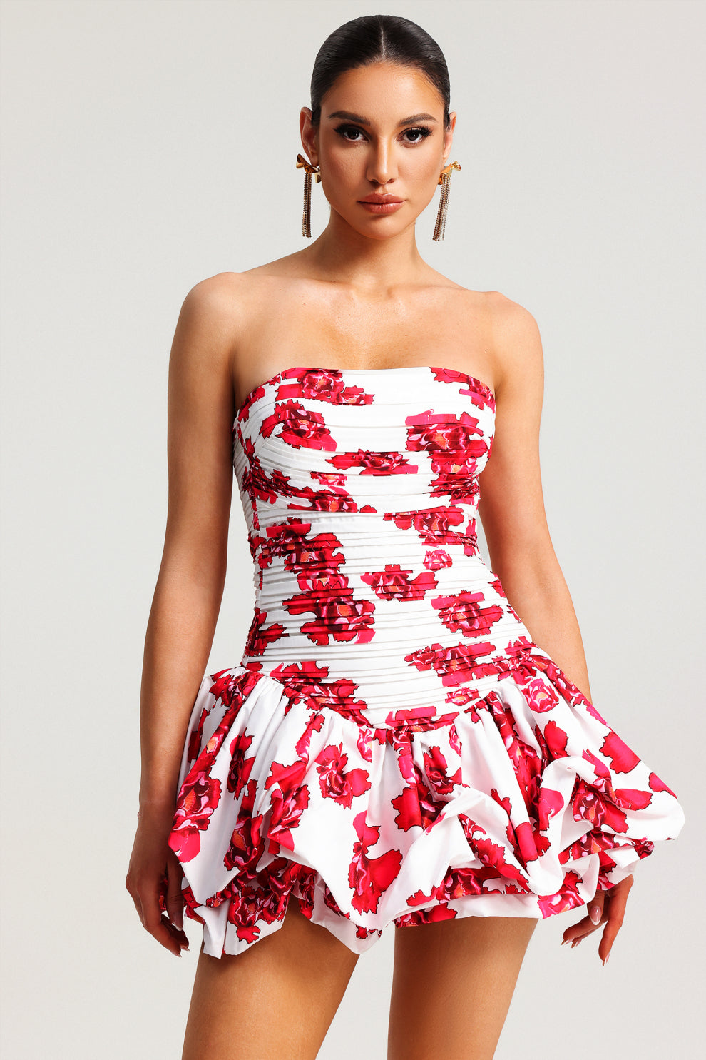 White Strapless Floral - Print Mini Dress