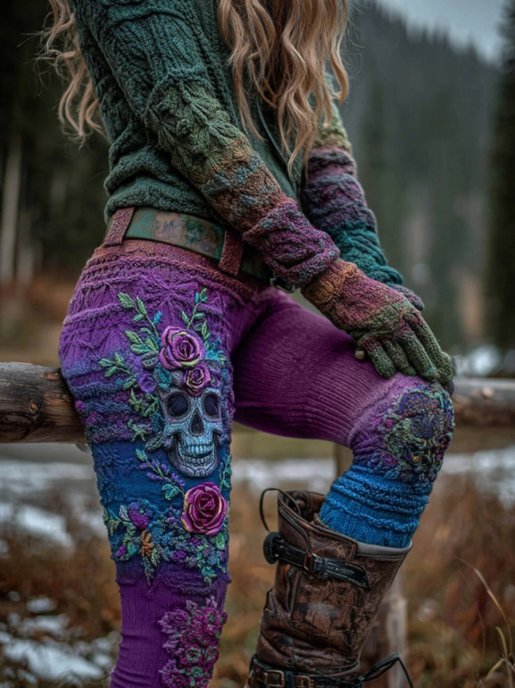 Women's Vintage Viking Skull And Rose Gradient Art Knit Leggings