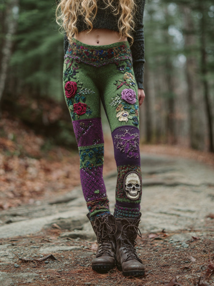 Women's Vintage Skull And Rose Patchwork Comfortable Leggings