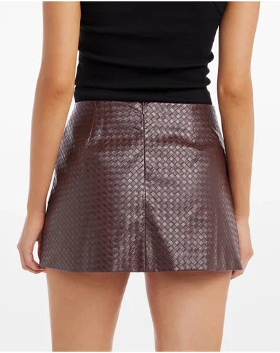 Brown Woven Faux Leather Jacket and Mini Skirt Set