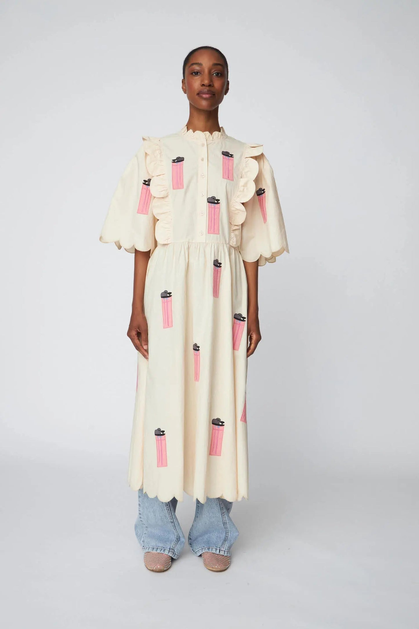 Cream Scalloped Edge Dress with Pink Patches