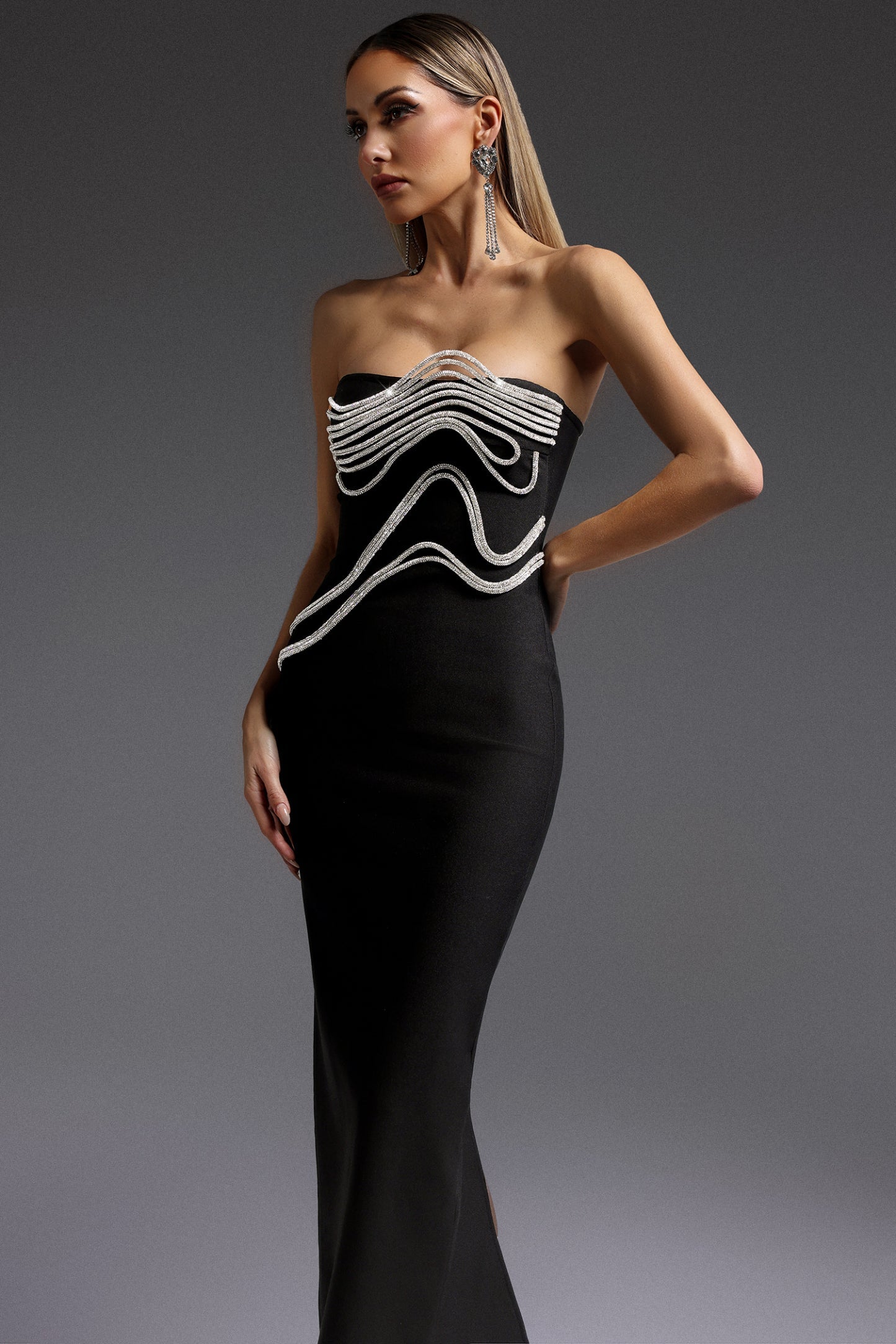 Black Strapless Midi Dress with Silver Rhinestone Details