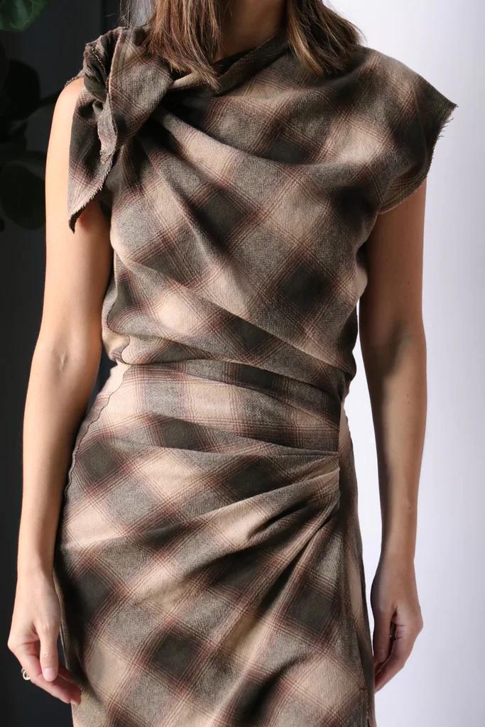 Plaid Draped Midi Dress with Side Slit