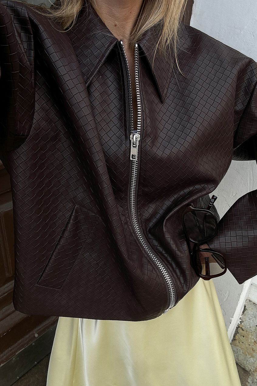 Brown Woven Faux Leather Jacket and Mini Skirt Set
