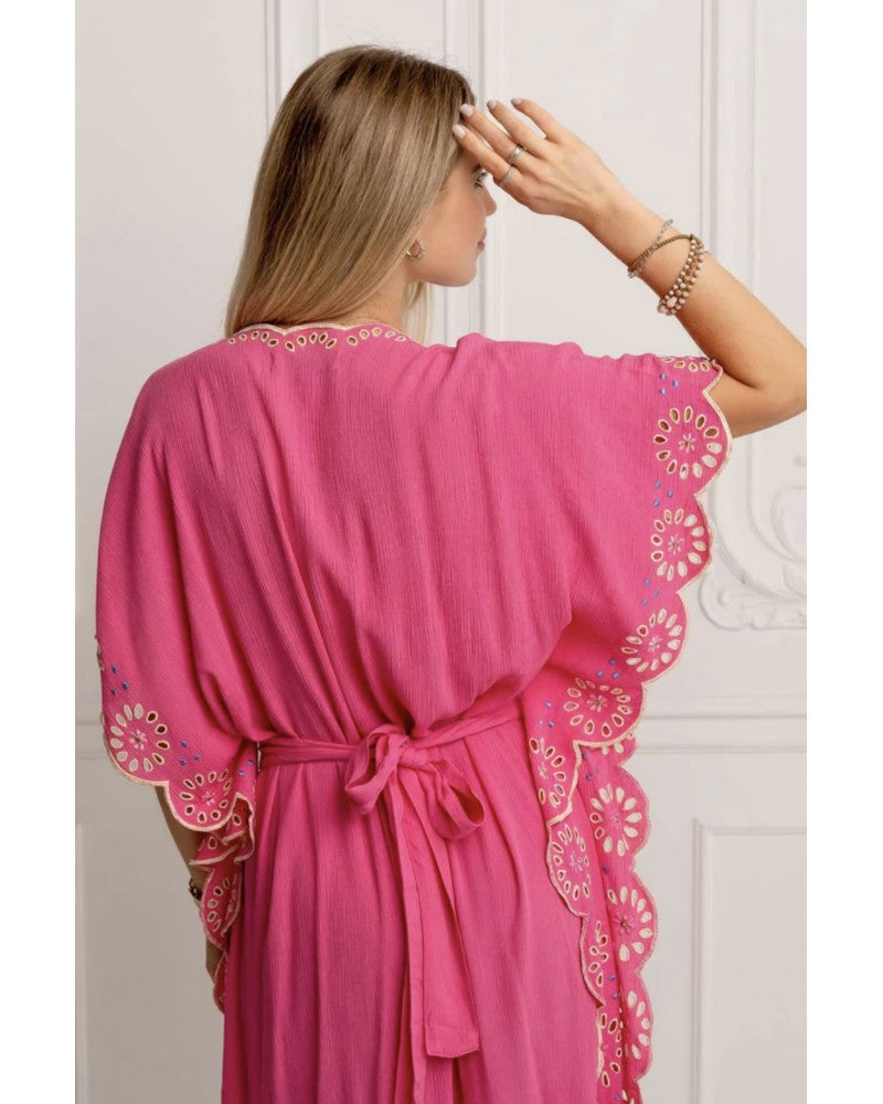 Pink Floral Embroidered Kaftan Maxi Dress