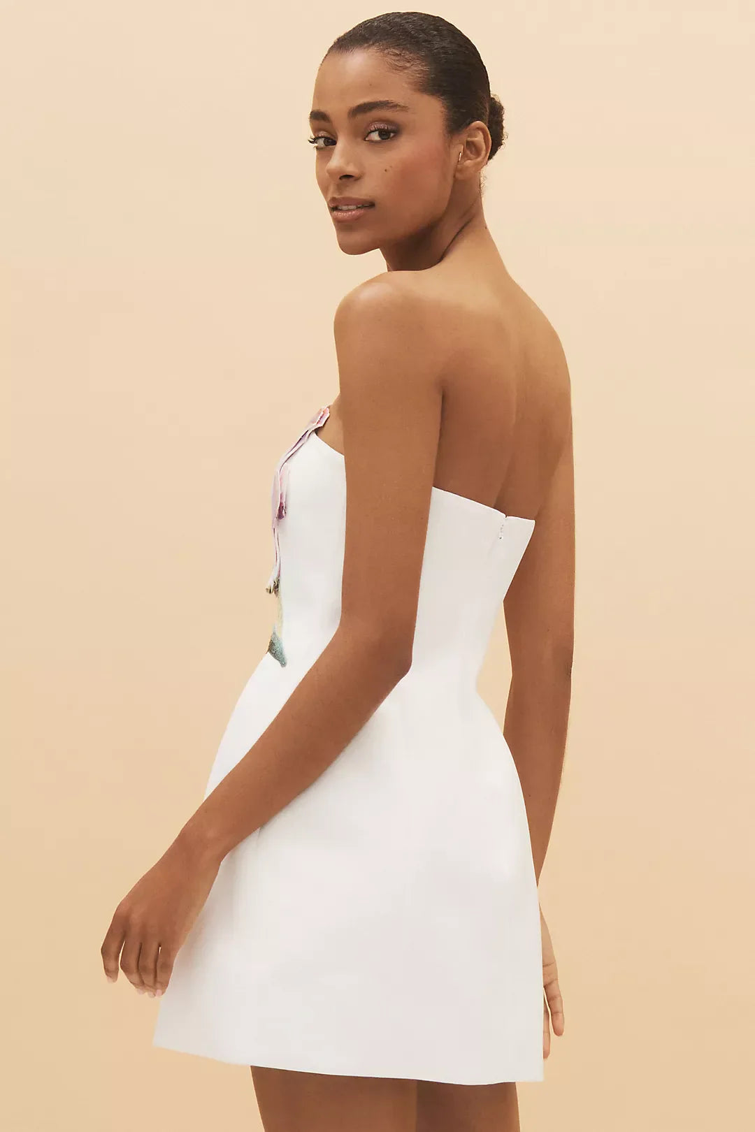 White Strapless Floral Applique Mini Dress