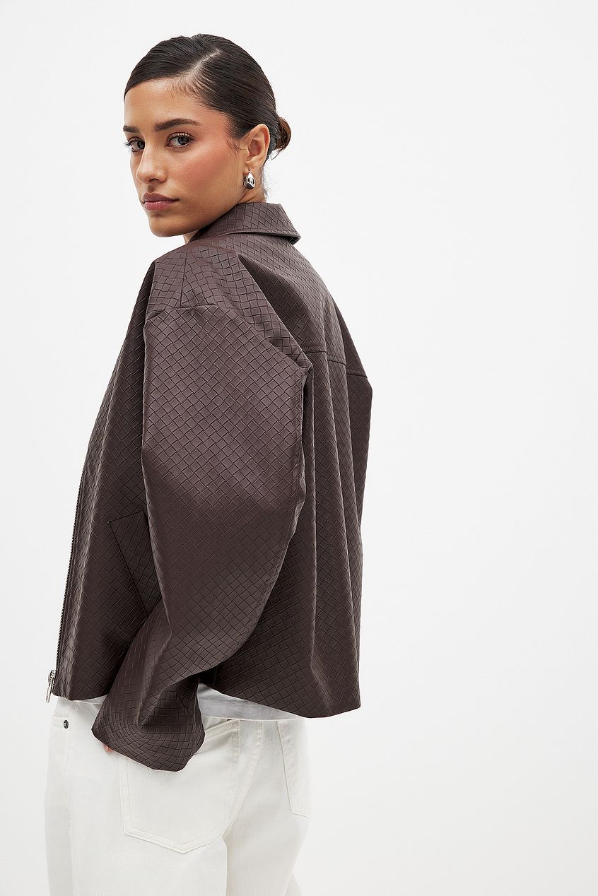 Brown Woven Faux Leather Jacket and Mini Skirt Set