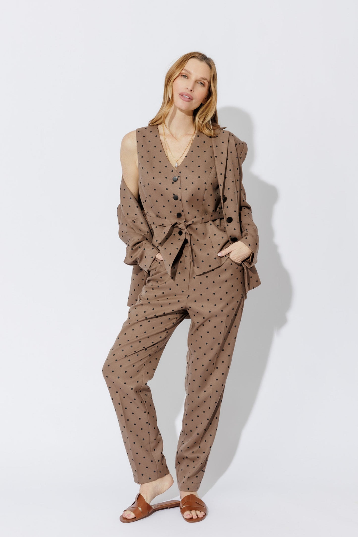Brown Polka Dot Blazer and Pants Suit Set