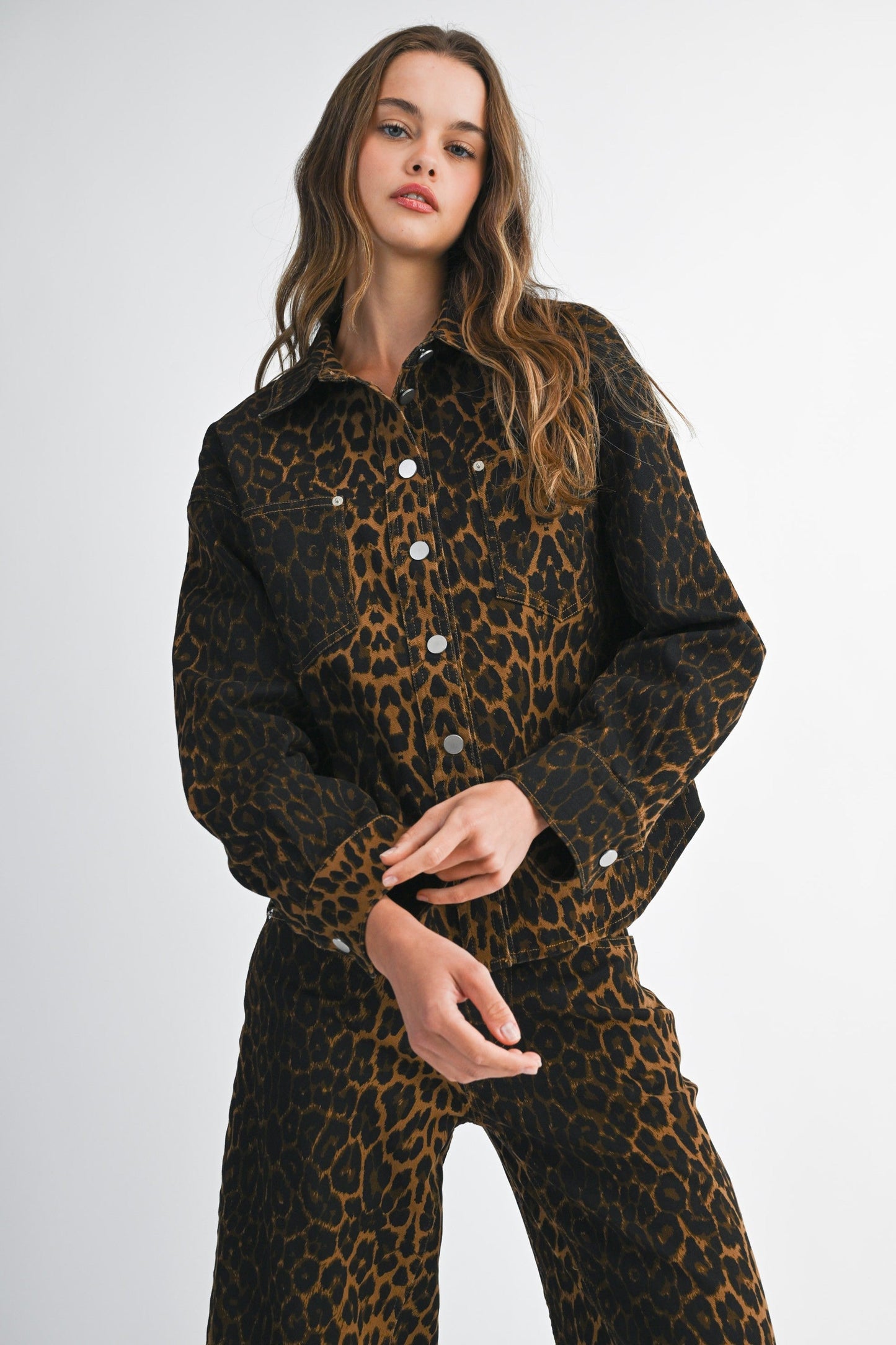 Leopard Print Denim Jacket and Wide - Leg Pants Set