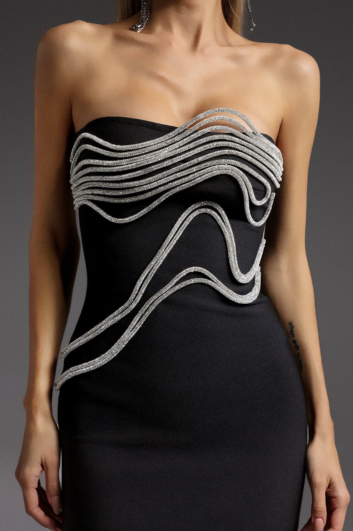 Black Strapless Midi Dress with Silver Rhinestone Details
