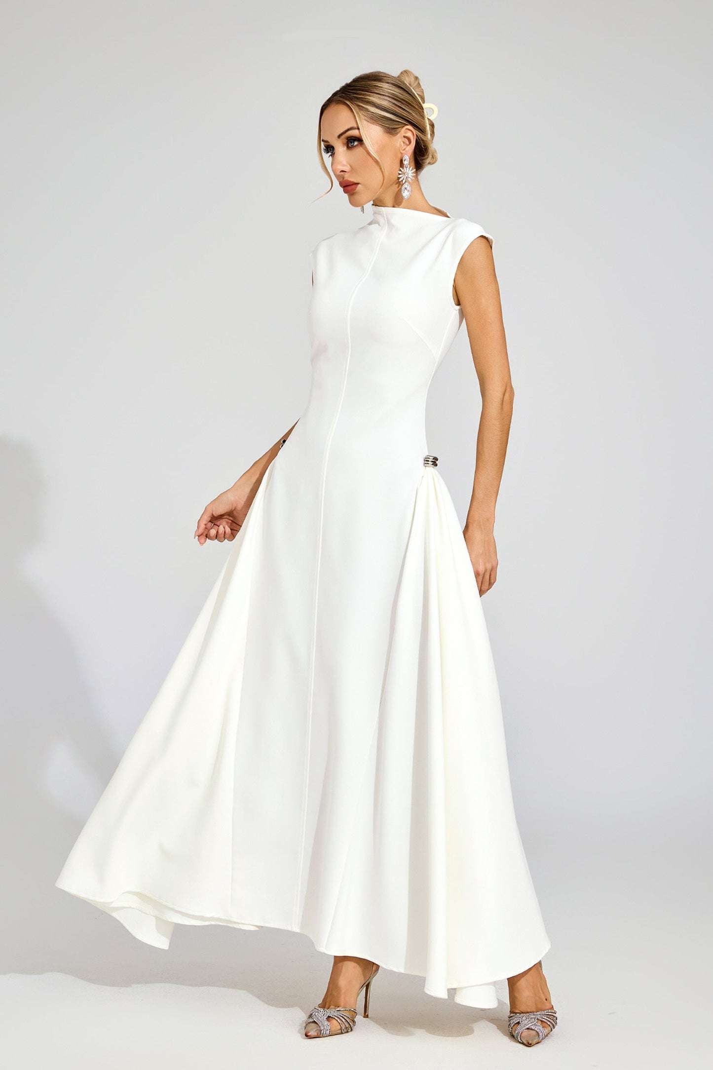 White High - Neck Maxi Dress with Side Details