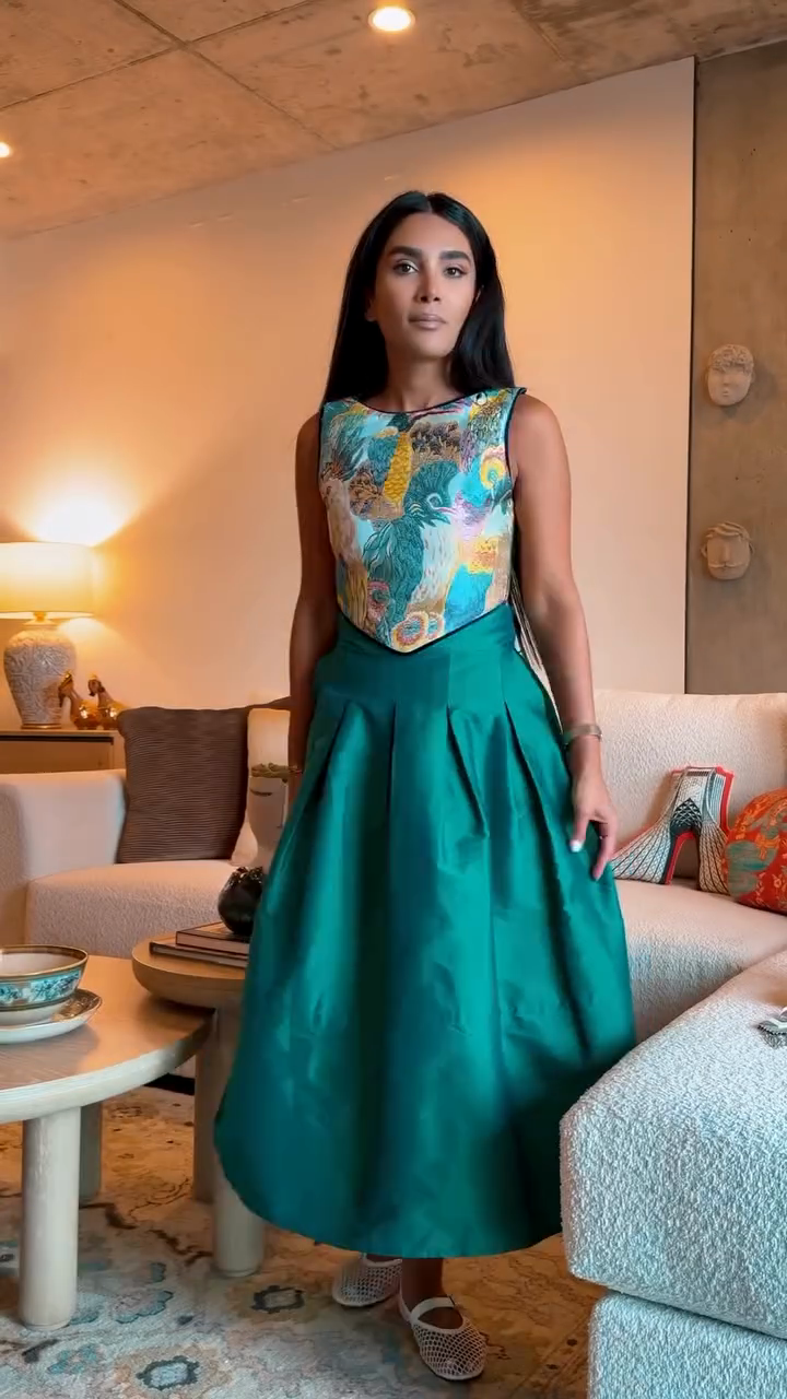 Printed Top & Emerald Green Pleated Skirt Set