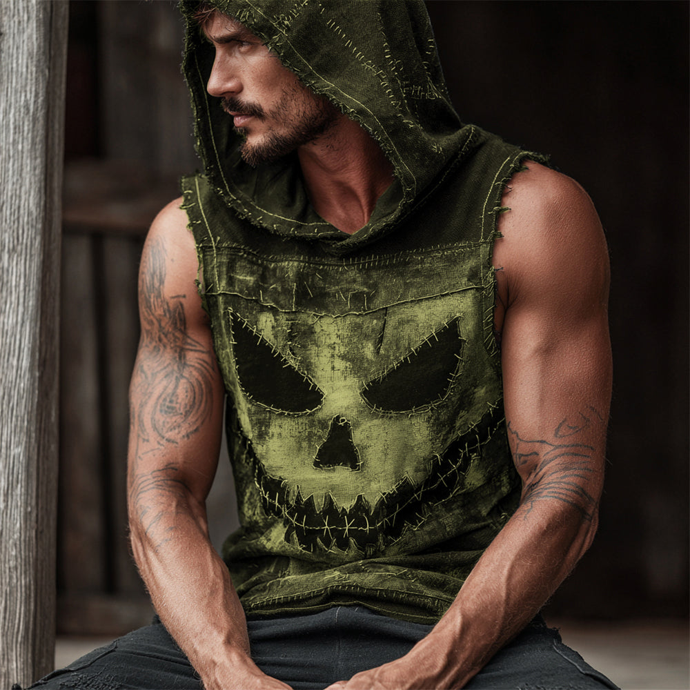 Halloween Evil Pumpkin Emoji Vintage Men's Hooded Tank