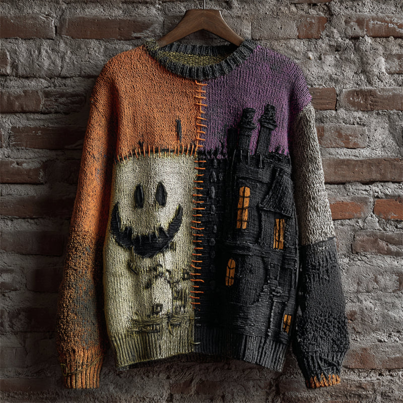 Halloween Spooky Face & Castle Colorblock Stitched Cozy Knit Cardigan