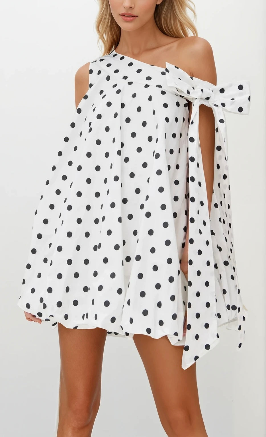 Polka Dot One - Shoulder Tie - Detail Mini Dress