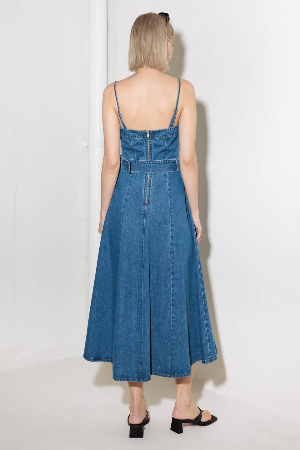 Blue Denim Belted Midi Dress