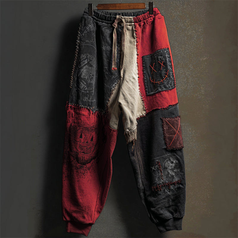 Halloween Stitched Faces Colorblock Patchwork Sweatpants
