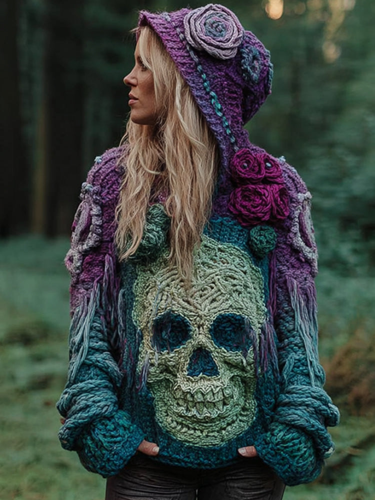 Women's Three-dimensional Skull-patterned Vintage Tie-dye Distressed Hooded Sweater