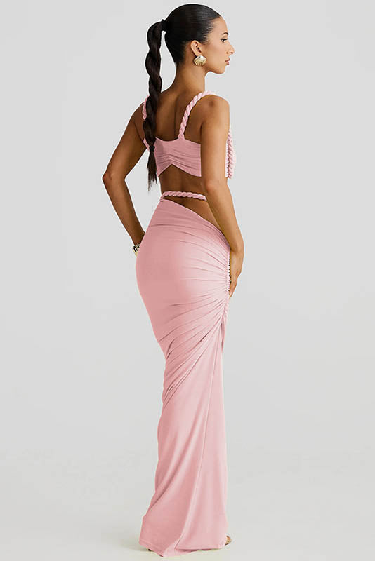 Twisted Strap Crop Top & Ruched Maxi Skirt Set