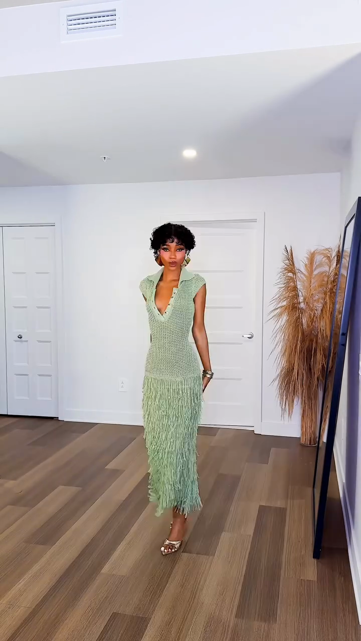 Green Crochet Fringe - Hem Maxi Dress