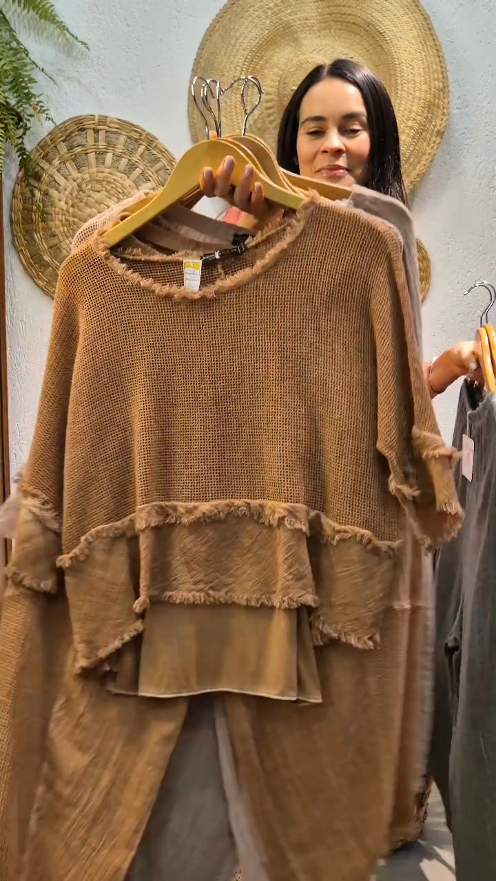 Colored Fringe - Trimmed Top and Pants Set