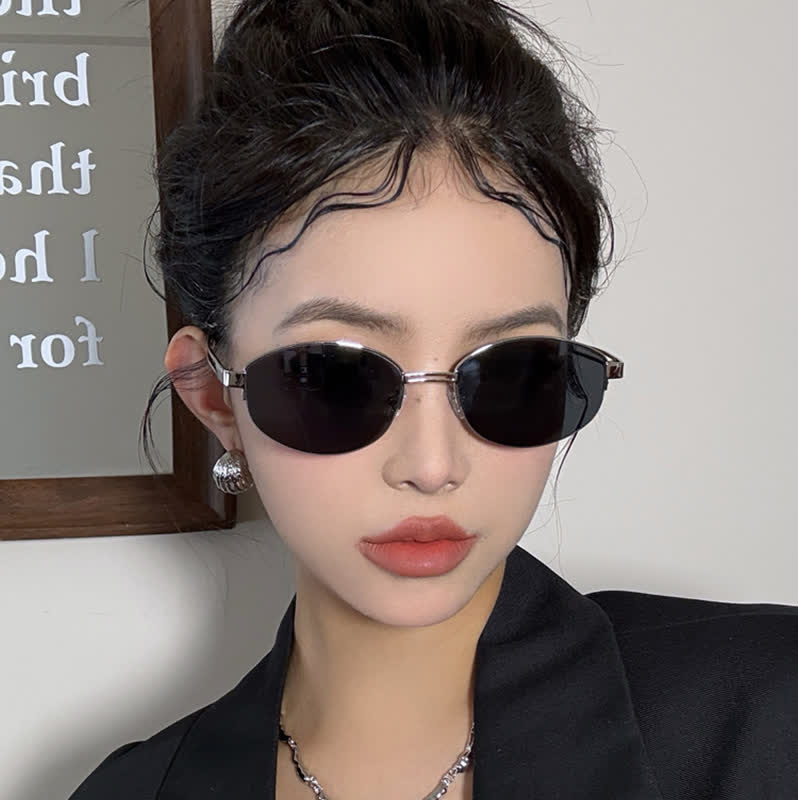Spykay™ SG60778 Retro Fashion Oval Frame Hollow-out Temples Semi-Rimless Sunglasses with Nylon Lenses