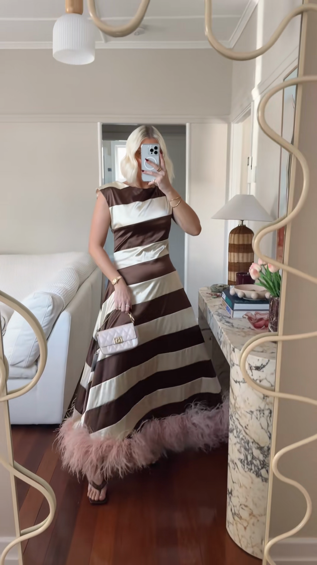Striped Satin Midi Dress with Feather Trim