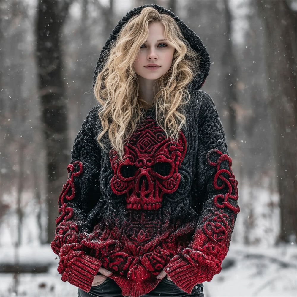 Halloween Skull Gothic Women's Hooded Chunky Knit Sweater