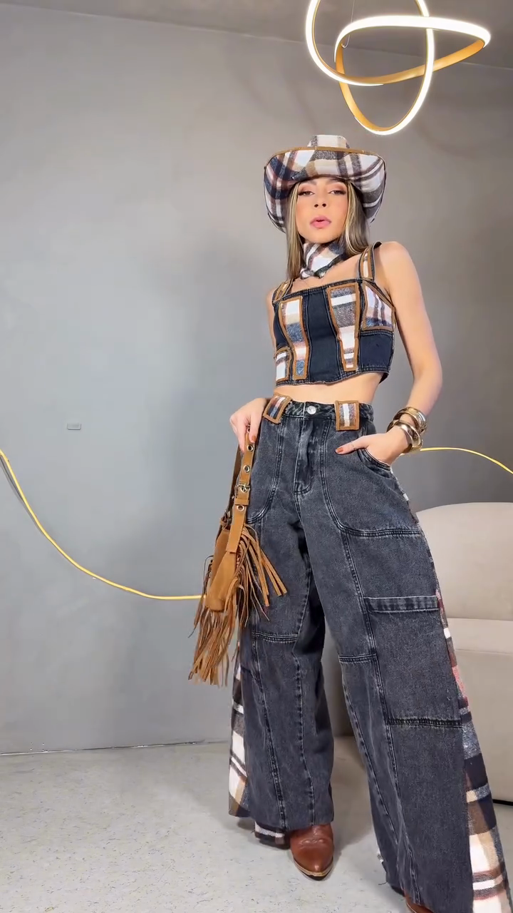 Patchwork Denim Crop Top & Wide - Leg Jeans Set