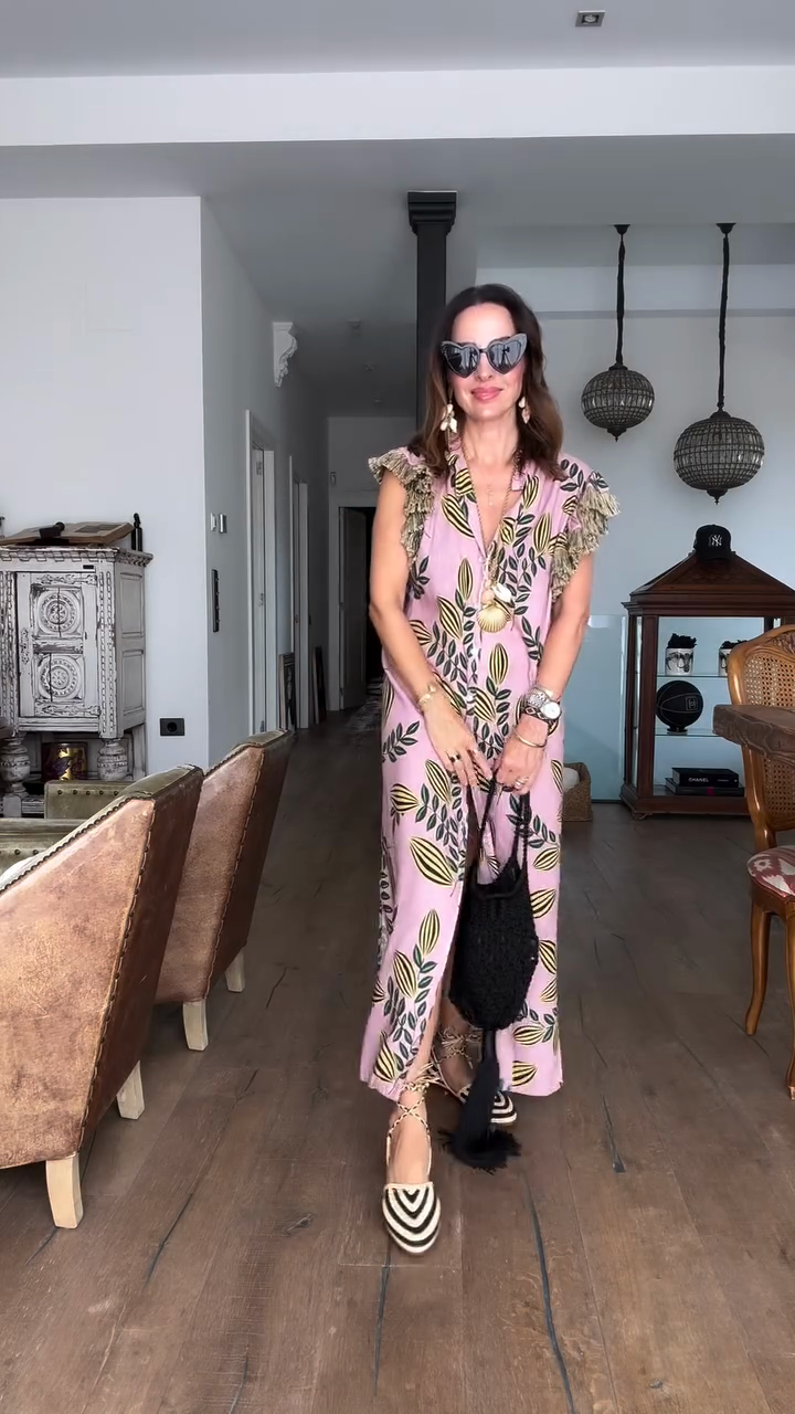 Pink Leaf Print Tassel Maxi Dress