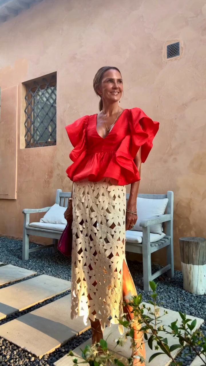 Red Ruffle Top and Crochet Midi Skirt Set
