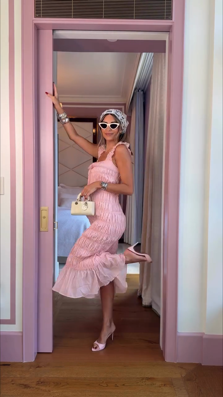 Pink Ruched Midi Dress with Ruffled Straps