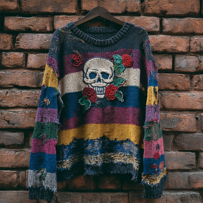 Vintage Skull & Roses Embroidered Patchwork Cozy Knitted Sweater