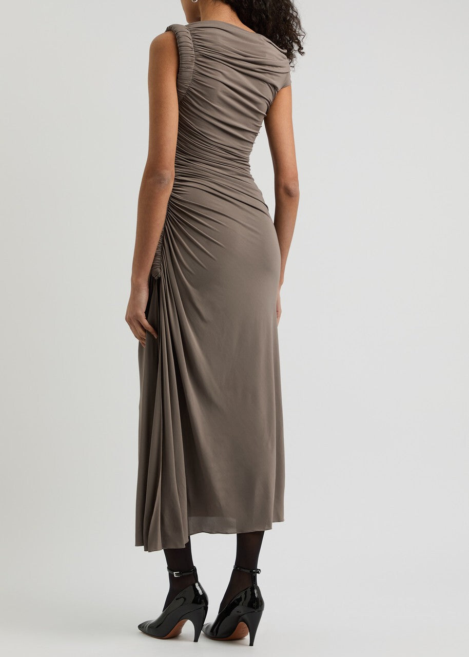 Taupe Asymmetric Ruched Midi Dress