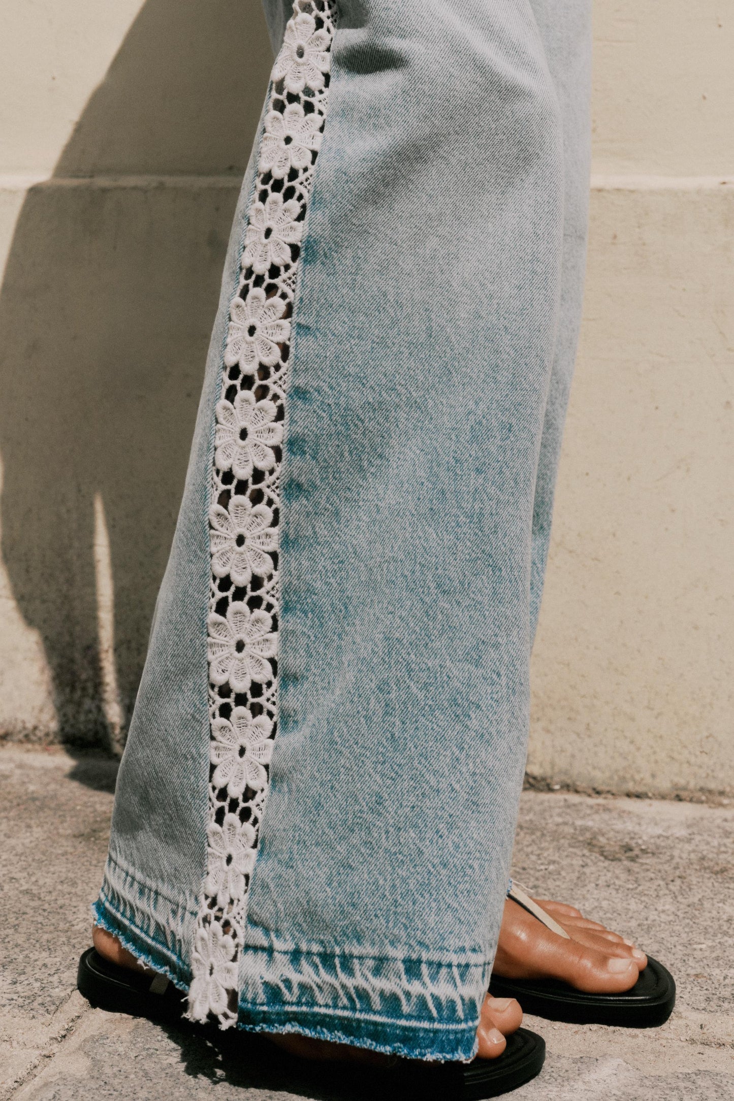 Light Blue Wide - Leg Jeans with Lace Trim