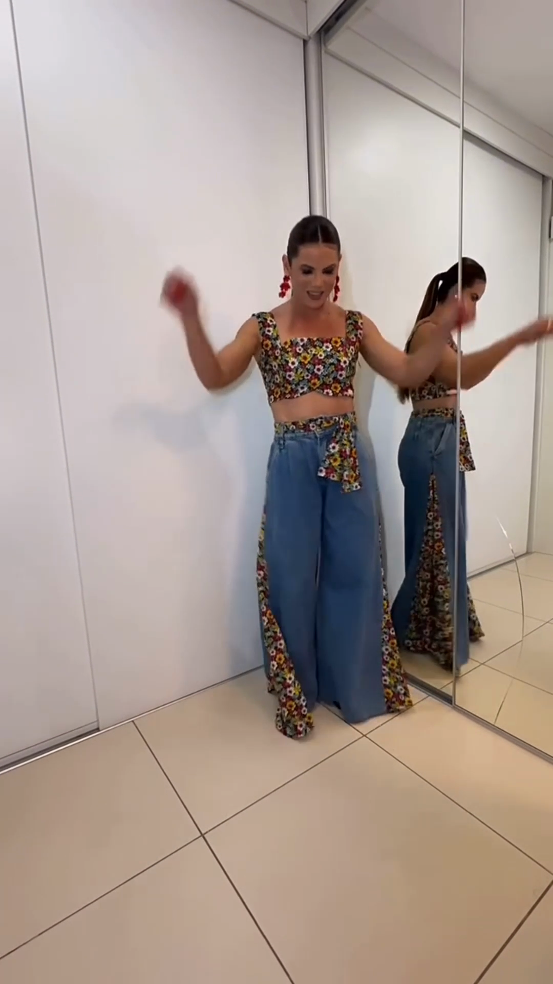 Floral Crop Top and Wide - Leg Denim Pants Set