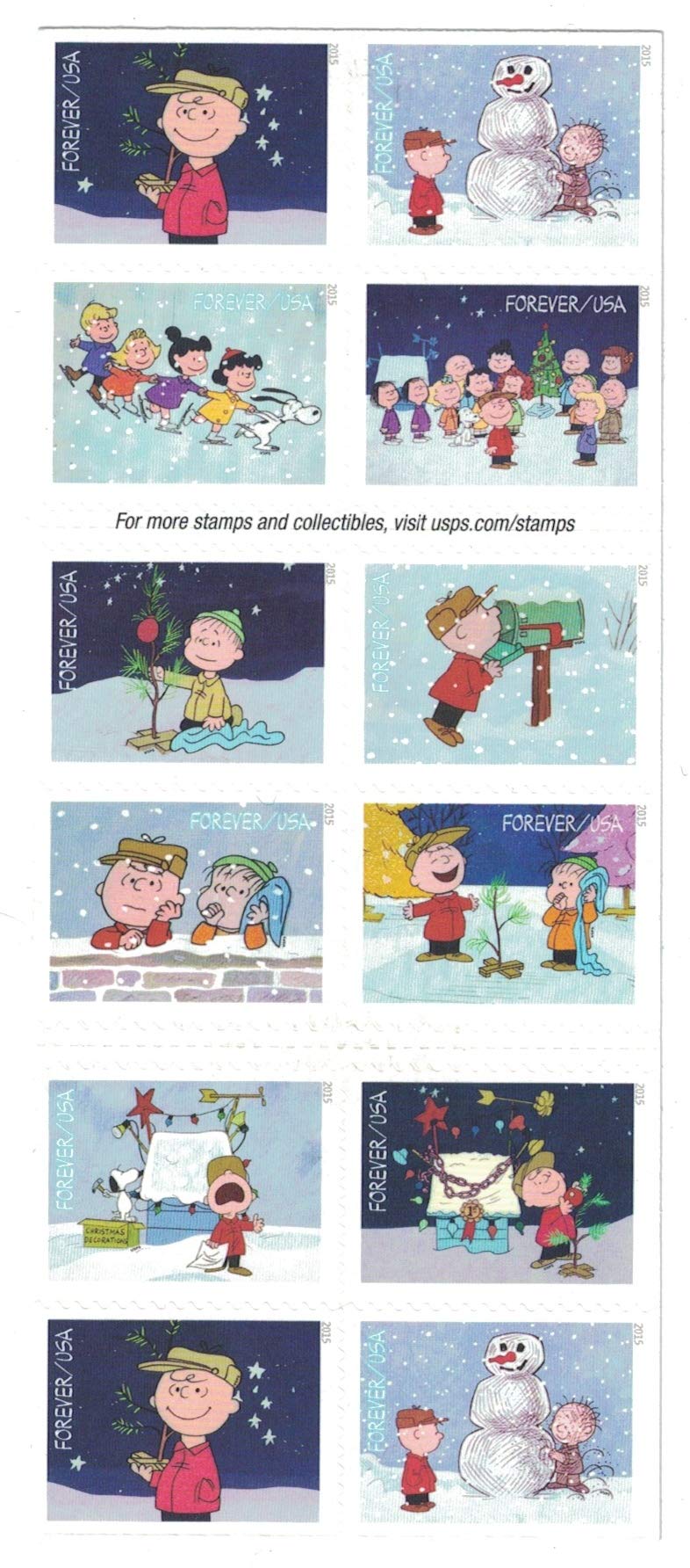 2015 USPS Charlie Brown Xmas Pane of 20 Forever Postage Stamps