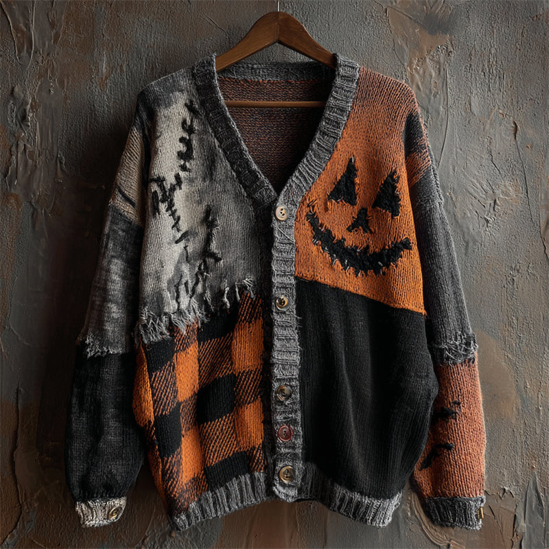 Halloween Pumpkin Face Plaid Patchwork Cozy Knit Cardigan