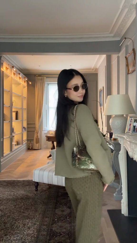 Olive Green Tweed Fringe Trim Jacket