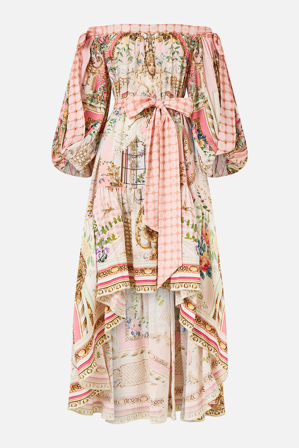 Pink Off - Shoulder High - Low Maxi Dress with Ornate Print