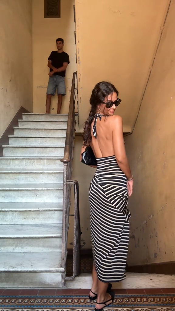 Black and White Striped Halter Dress