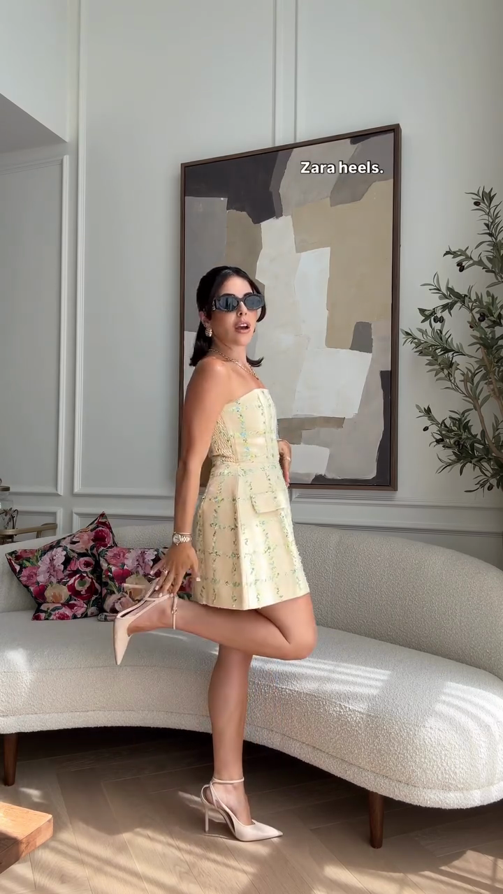Beige Strapless Tweed Mini Dress